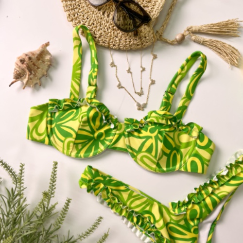 Green Ruffle Trim Bandeau Bikini Set | S / GREEN