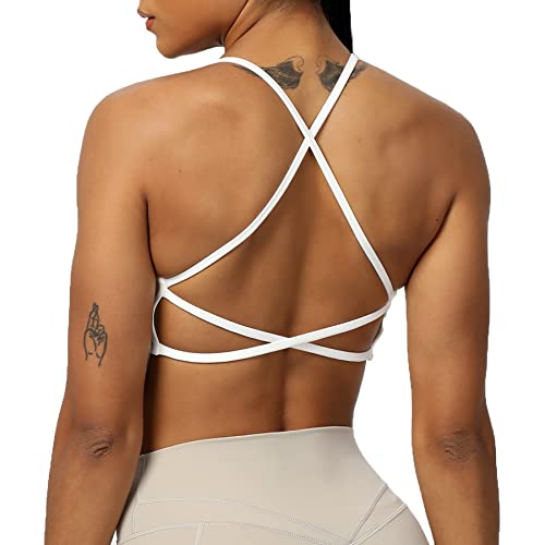 Aoxjox Women's Workout Sports Bras Fitness Backless Padded Ivy Low Impact Bra Yoga Crop Tank Top - White - Medium