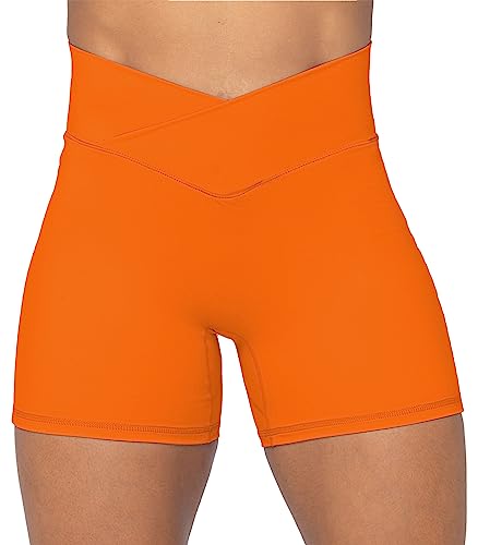 Sunzel Nunaked Crossover Biker Shorts for Women, No Front Seam V High Waist Yoga Workout Gym Shorts with Tummy Control - 4" Inseam - Medium - Orange