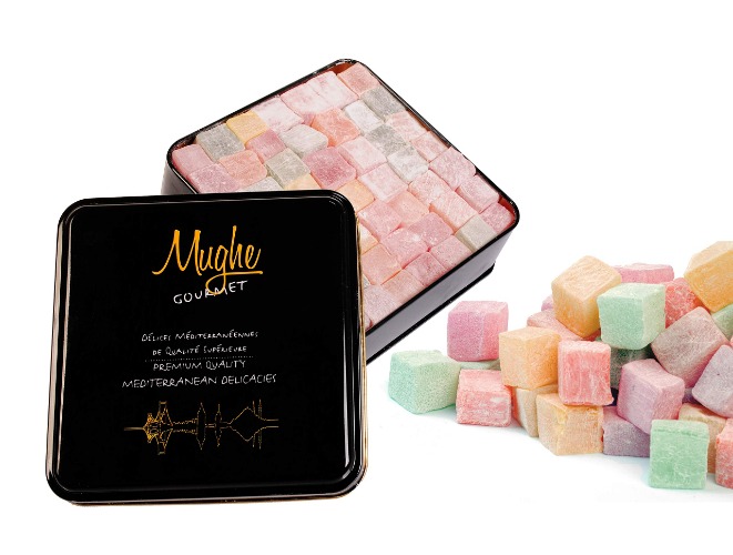 Mughe Gourmet Assorted Kosher Turkish Delight Tin Box 1300 gr /2.87 lbs. (No Nuts) - 5 Different Flavors: Rose, Strawberry, Lemon, Orange & Mint - 110 Pcs Approx.