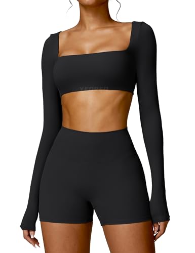 YEOREO Kyla Women Crop Top Long Sleeve Padded Sports Low Medium Impact Yoga Shirt Workout - Black - Medium