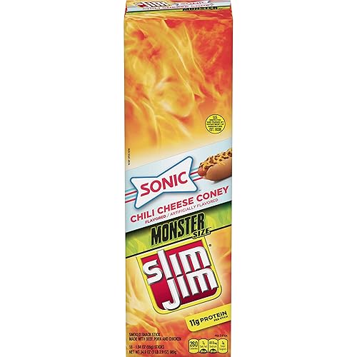 Slim Jim Monster Smoked Meat Sticks, Sonic Chili Cheese Coney Flavor, 11g Protein Per Stick, 1.94 oz. (18 Count) - Chili