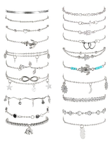 Thunaraz 20Pcs Ankle Bracelets for Women Adjustable Beach Anklet Set Star Heart Turtle Infinite Anklets - A-Sliver Tone