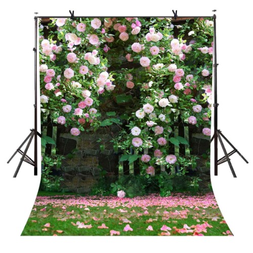 EOA 5(W) x7(H) FT Garden Pink Flower Wall Backdrop Nature Green Grass Leaves Photography Background for Tea Party Baby Shower Birthday Cake Table Banner Photoshot Studio Props - 