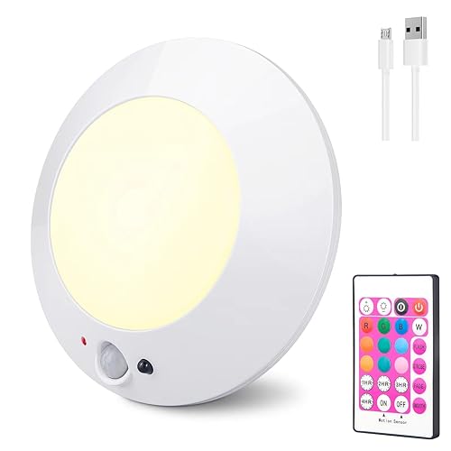 BIGMONAT Motion Sensor Rechargeable Light, Wireless LED Shower Ceiling Light with Remote, 10 Color Changing Night Light for Shower Closet Bedroom Corridor Bathroom,220LM （White,1 Pack） - White