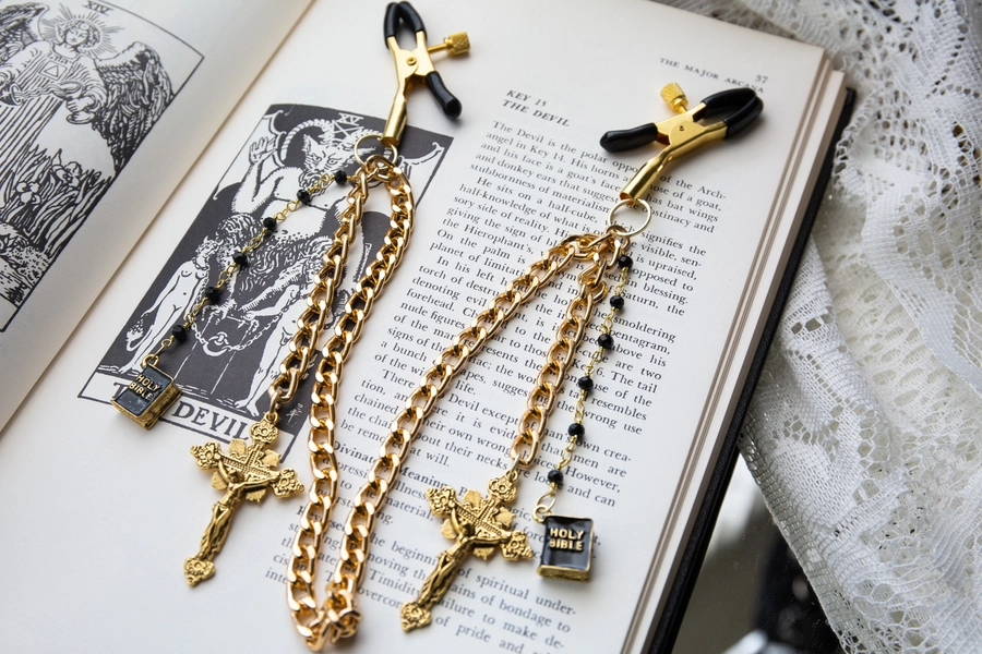 Mary Magdalene Nipple Clamps with connector chain adjustable BDSM religious kink