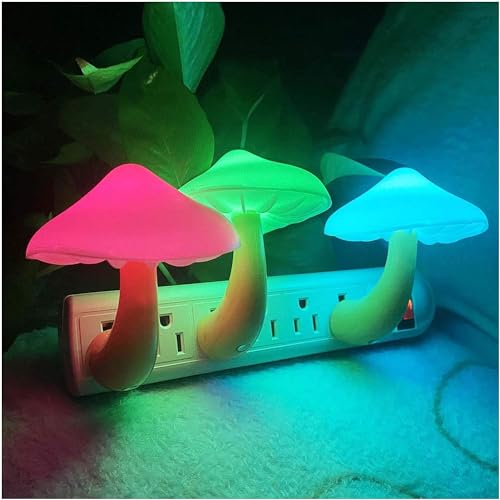 UTLK [3 Pack Plug-in LED Mushroom Night Light Lamp with Dusk to Dawn Sensor,Plug in Bed Cute Nightlight lamp Wall Baby Lights for Kids Children (7-Color) - 7-Color