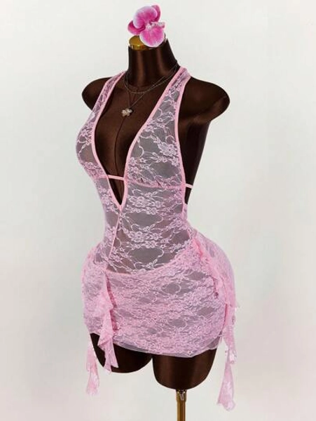 Amplova Vestido corto de verano informal y sexy para mujer con escote en V de encaje transparente y flecos en capas