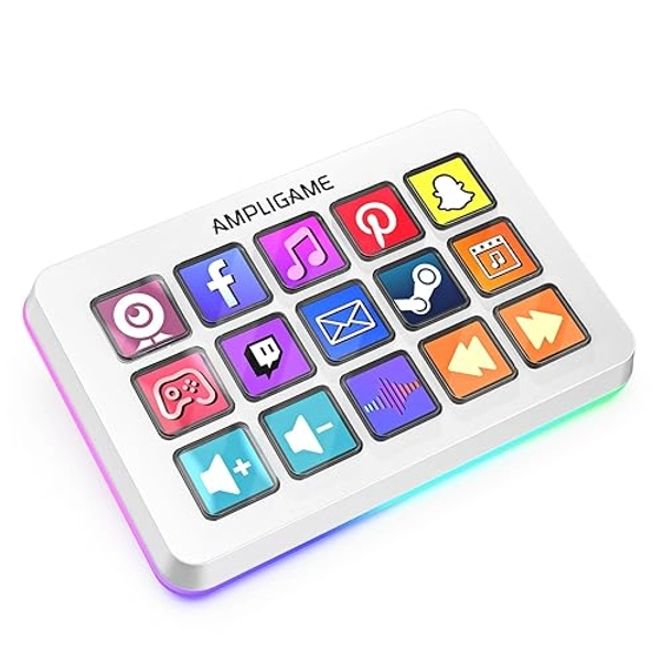 AmpliGame FIFINE Gaming Controller with 15 Shortcuts for OBS Streaming Studio with Macro Keys, Trigger Actions, PC Media RGB Controller for Content Creation/Office Work-D6 White