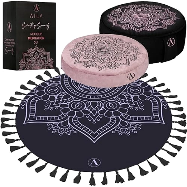 Aila Meditation Pillow Set with Small Meditation Mat & Extra Cushion Cover – Luxurious Meditation Floor Pillow Zen Spiritual Decor Zafu Round Yoga Meditation Cushion – Gift for Meditation Lovers