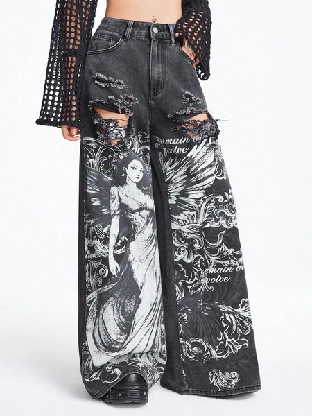 ROMWE Goth Jeans med teckentryck och nödställda håldesign, skola