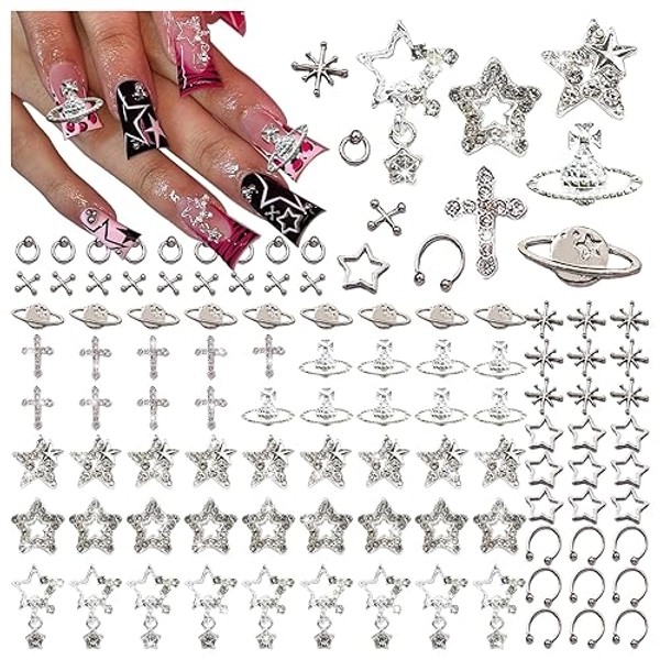 BBATT-HAPPY 110PCS Star Nail Charms for Acrylic Nails,Silver Star Planet Cross Alloy Nail Art Decoration, Nail Stones Nail Jewels Accessories for Nail Art Supplies Manicure Craft DIY