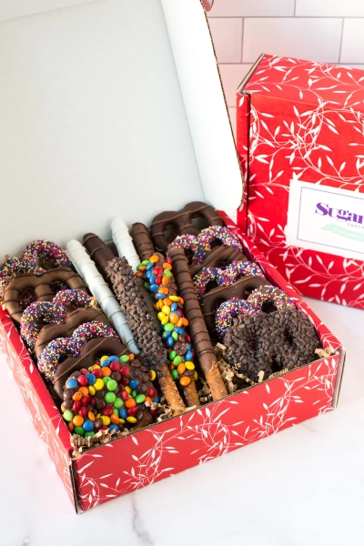 Chocolate Pretzel Passion Gift Box – 22 Hand-Dipped Gourmet Pretzel Snacks, Assortment of Milk, Dark, and White Chocolate-Covered Pretzels, Perfect for Gifting & Holiday Treats