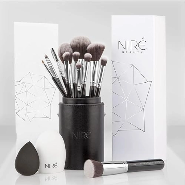 Niré Beauty Kit Artiste 15pcs : Kit De Pinceaux De Maquillage Professionnel Et Leur Étuis De Rangement. Inclus : éponge de maquillage Et Brosse Nettoyante