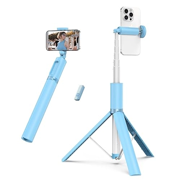 ATUMTEK 55" Selfie Stick Tripod, All-in-one Extendable Aluminum Phone Tripod with Rechargeable Bluetooth Remote for iPhone, Samsung, Google, LG, Sony and More, Fit 4.7-7 inch Smartphones, Light Blue