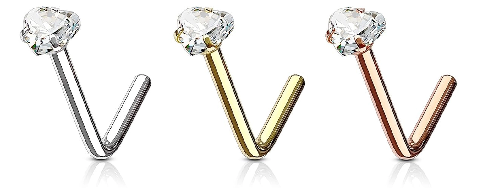 Forbidden Body Jewelry Heart Nose Stud and Ring - L Shaped Nose Rings, 18g 6mm Surgical Steel with 3mm Heart CZ Crystal