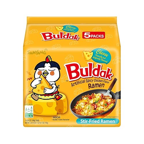 Samyang Buldak Spicy Ramen, Hot Chicken Ramen, Korean Stir-Fried Instant Noodle, Cheese, 1 Bag with 5 Pack - Cheese - 4.94 Ounce (Pack of 5)