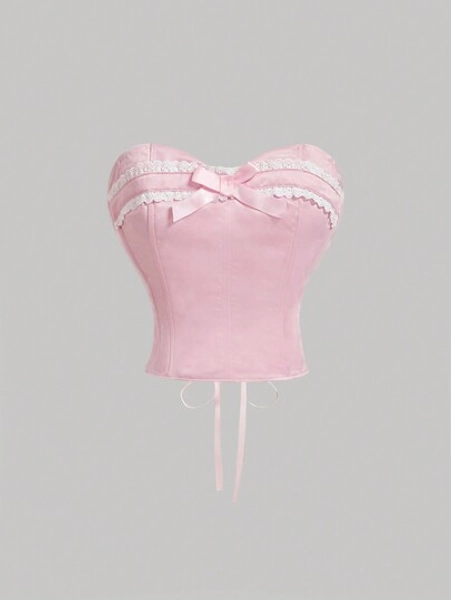 SHEIN MOD Top rosa con lazo delantero, cintura decorada y nudo en la espalda central. Top para fiesta, top con corsé en la cintura, top para el Día de San Valentín, Año Nuevo, té, verano y salir de fiesta para mujer