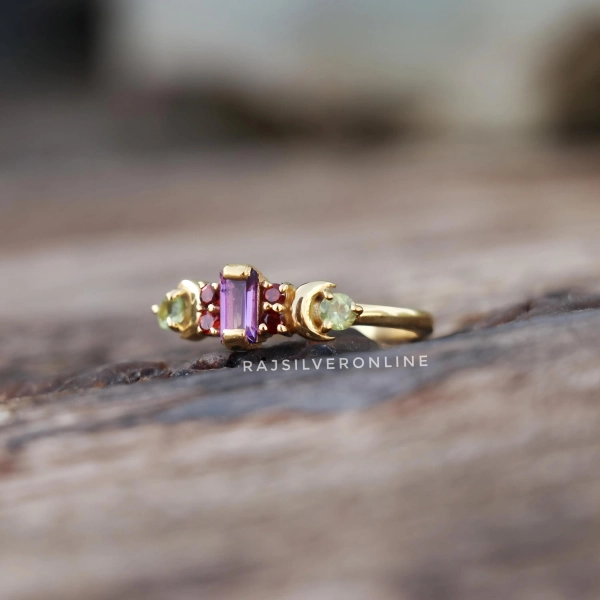 Amethyst Garnet Peridot Ring: 18k Gold Plated Sterling Silver Solitaire