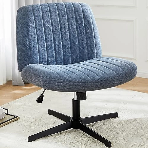 DUMOS Cross Legged Office Chair, Armless Wide Desk Chair No Wheels, Modern Home Office Desk Chair Swivel Adjustable Fabric Vanity Chair