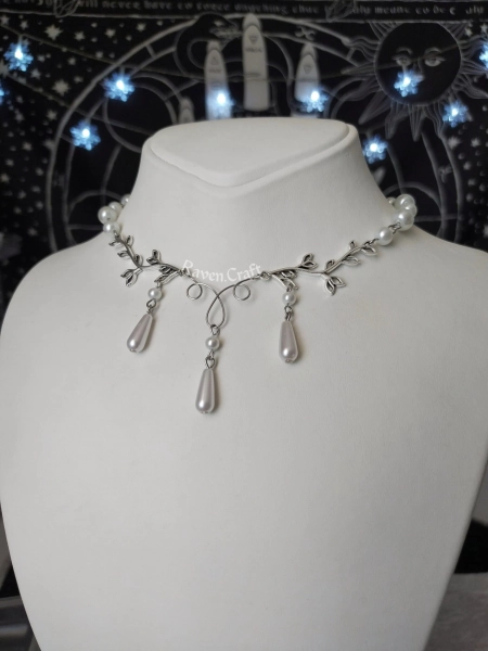 Pearl elven necklace, stainless steel floral jewelry, Bridal princess choker, fairy aesthetic handmade gift. Dreamy angelcore necklace.