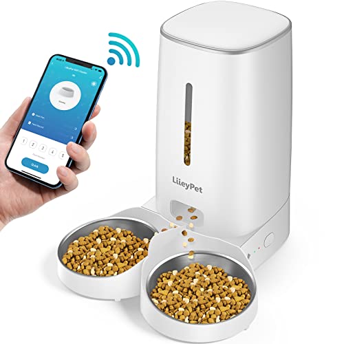 Automatic Cat Feeder for 2 Cats - LIIEYPET 4L Cat Food Dispenser for Dry Food, Smart Pet Feeder with 2.4G App Control and Double Stainless Steel Bowl, Dual Power Supply, 1-10 Meals Per Day - White-4L Double