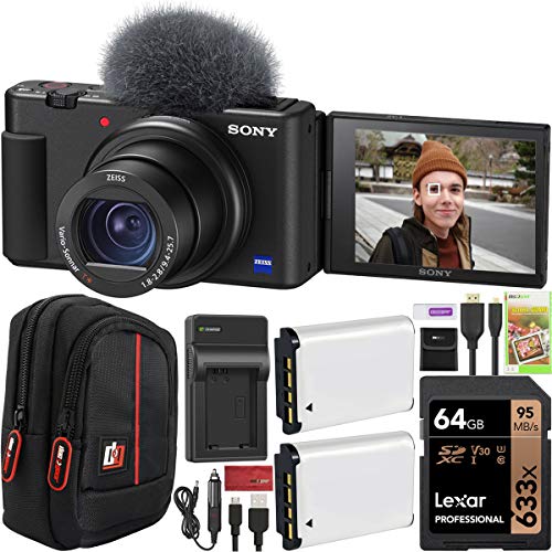Sony ZV-1 Compact Digital Vlogging 4K HDR Video Camera for Content Creators & Vloggers DCZV1/B Double Battery Bundle with Deco Gear Case + 64GB Card + External Charger and Accessories - Black