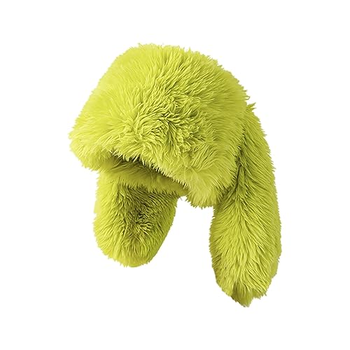 Furry Beanie Bunny Ears Hat Fluffy Warm Hat Plush Slouchy Beanies for Indoor and Outdoor - Medium-Large - Chartreuse