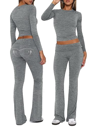 JOKELAMB Workout 2 Piece Set Outfits for Women Fold-over Flare Pants Set Lounge Ribbed Knit Pajamas Set Leggings Sets - Gray - Large