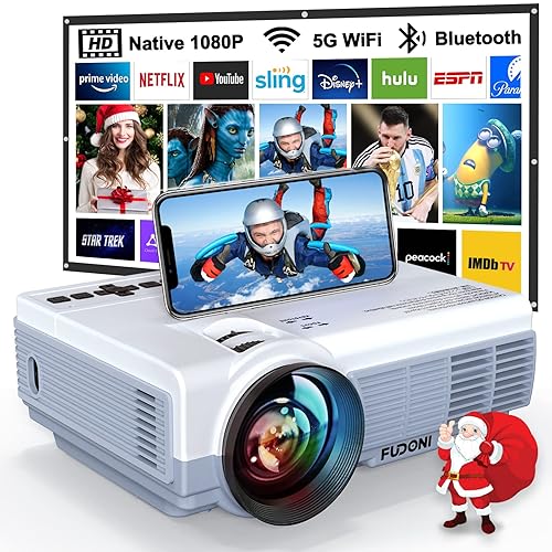 Projector with WiFi and Bluetooth, FUDONI 5G WiFi Native 1080P Projector 14000L 4K Supported, Portable Movie Outdoor Projector for Home Theater, Compatible w HDMI/USB/TV Stick/Laptop/iOS Android Phone