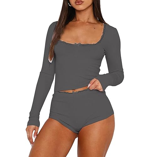 RUEWEY Womens Lace Trim Ribbed Knit Pajama Sets Long Sleeve Top and Shorts Matching 2 Piece Lounge Set PJ Set - Dark Grey - Large