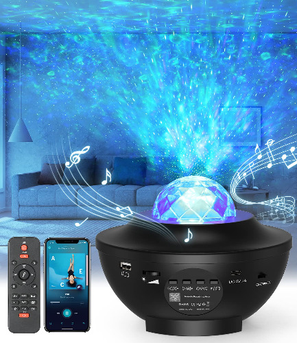 ZOVERR LED Sternenhimmel Projektor,Rotierendes WasserwellenproJektorlicht,Ferngesteuertes Nachtlicht,Farbwechselnder Musikplayer mit Bluetooth,Geschenk zum Kindertag/Zuhause - Schwarz