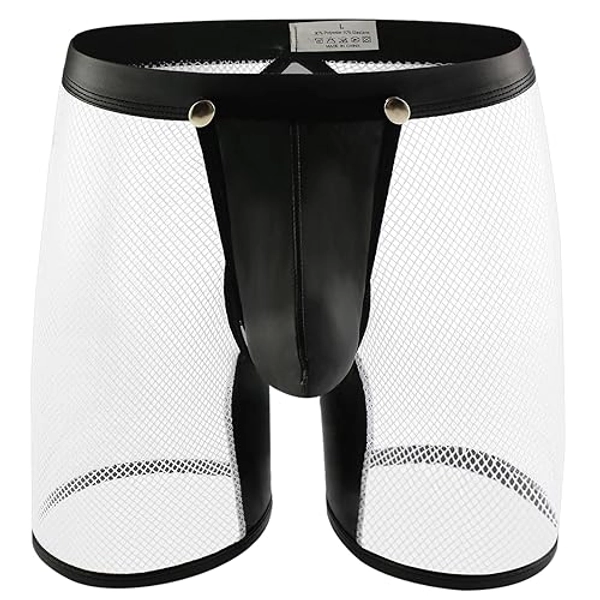 Evankin Men's See Through Sexy Mesh With Faux Leather Loose Shorts Pants Erotic Clubwear Button Removable Pouch