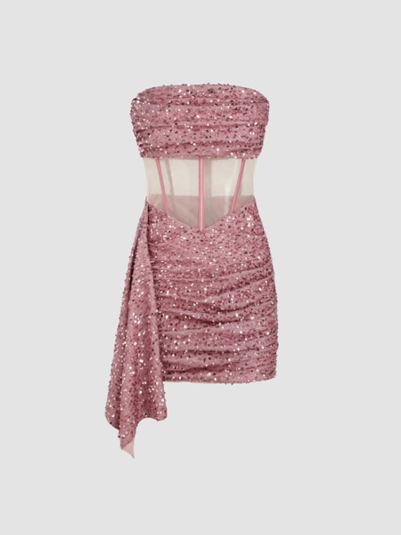 Sequin Ruffle Sheer Tube Dress
