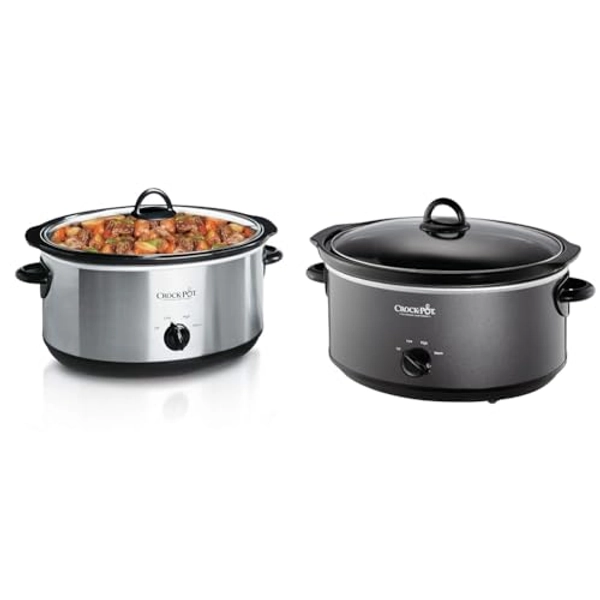 Crock-Pot 7 Quart Oval Manual Slow Cooker, Stainless Steel (SCV700-S-BR) & 7 Quart Slower Cooker, Food Warmer, Charcoal (SCV700-KC)