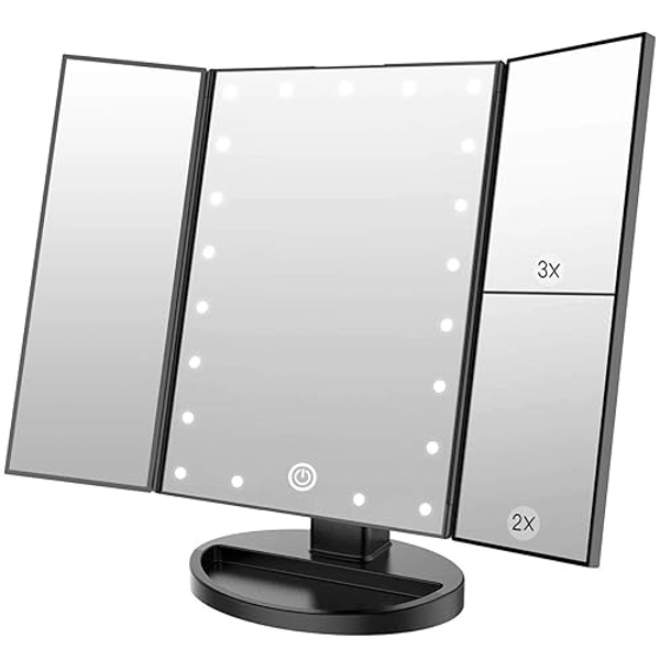 WEILY Vanity Makeup Mirror,1x/2x/3x Tri-Fold Makeup Mirror with 21 LED Lights and Adjustable Touch Screen Lighted Mirror Dressing Mirrors for Women(Black)
