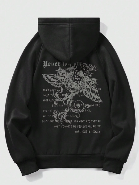 ROMWE Grunge Punk Men Slogan Graphic Raglan Sleeve Drawstring Thermal Lined Hoodie, School