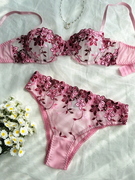 2pcs/Set Romantic Embroidered Sheer Lace Bra And Panty Set