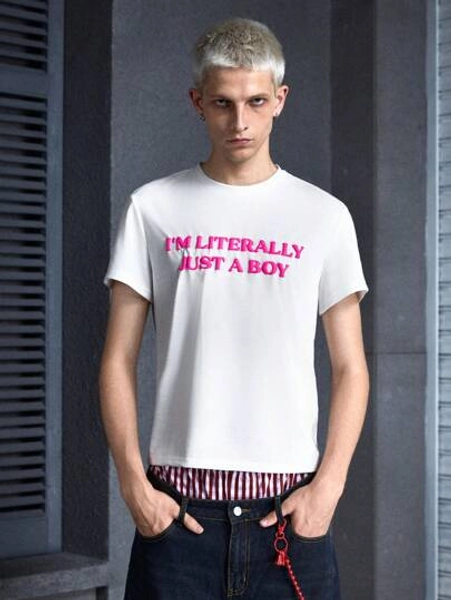 FeverCity Men's Y2K Festival Ghost White Knitted Rose Red Letter Foaming Printing Loose Drop Shoulder Small Round Neck Young Casual Short Sleeve T-Shirt Daily Spring And Summer Season, Emo