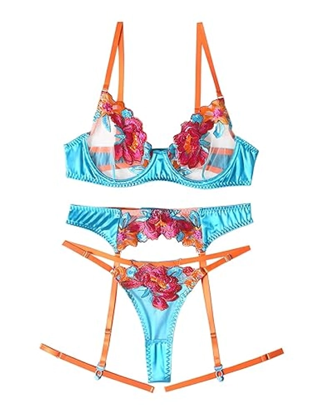 Lilosy Sexy Leaf Floral Embroidered Mesh Sheer Women Underwire Push Up Lingerie Set
