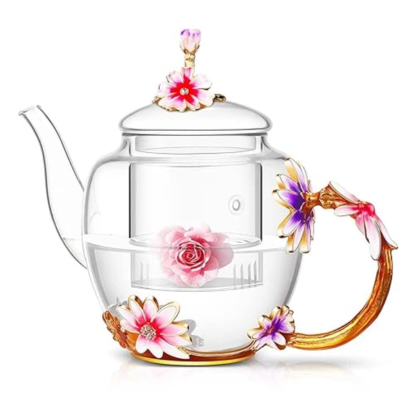 Luka Tech 35OZ Enamel Glass Flower Teapot With Removable Loose Tea Leaf Infuser Tea Maker,Gifts For Women,Mom,Mothers Day,Christmas,Birthday,Valentines Day