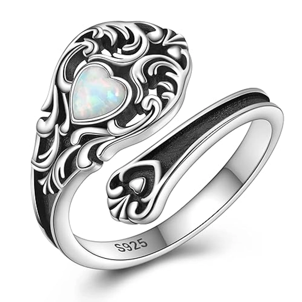 Sterling Silver Opal Turquoise Spoon Ring - S925 Victorian Vintage Flower Antique Open Adjustable Thumb Ring for Women