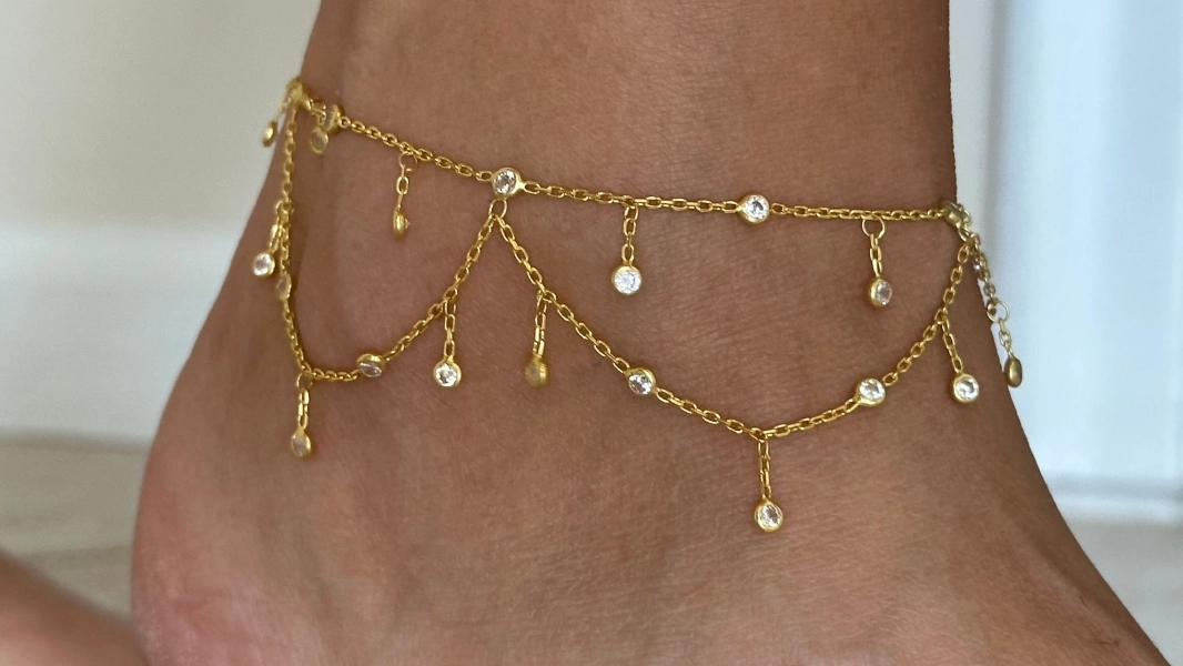 Anklet for Women, 14K Gold Rose Silver Anklet, Layered Chain Ankle Bracelet, Shiny Gemstone Anklets, Birthday Gift for Her, Gifts for Women