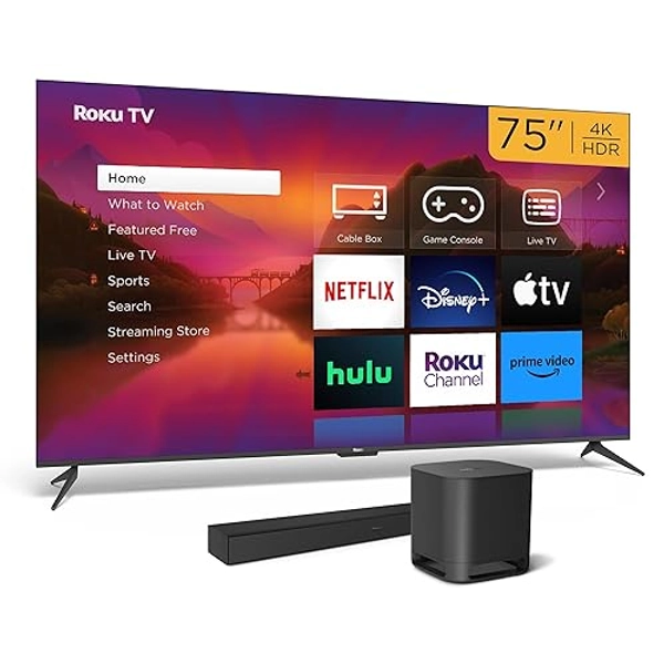 Roku 75" Select Series Smart TV, Wireless Soundbar & Bass Subwoofer Bundle - RokuTV Audio