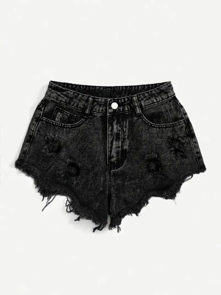 Black ripped denim shorts