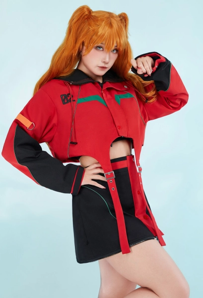 Anime Casual Coat Hooded Long Sleeve Cargo Jacket with Detachable Skirt