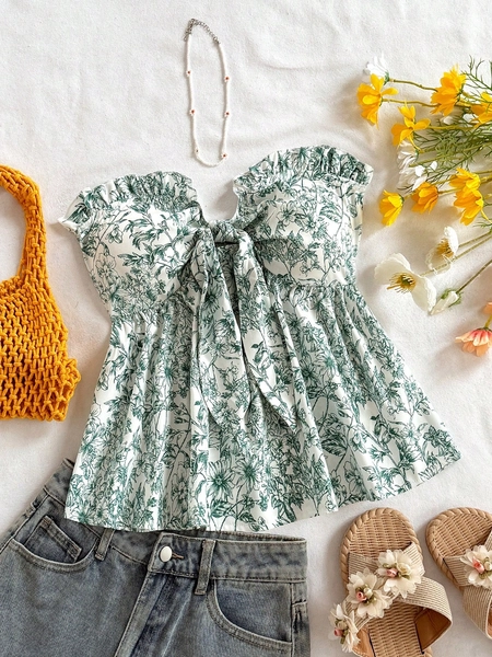 Soleia Vacation Casual Tie-Up Cinched Waist Ruffle Hem Bandeau Top