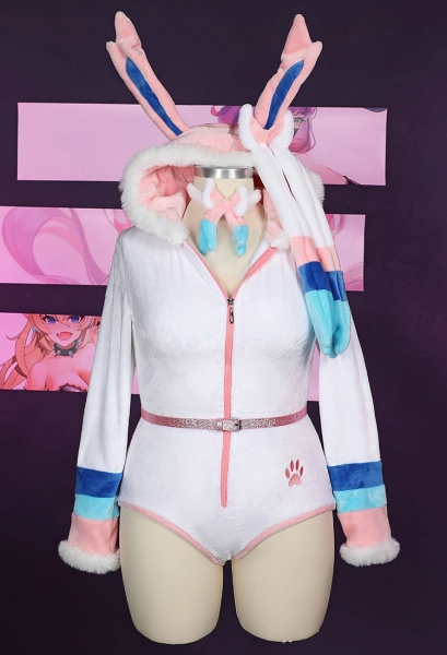 Plus Size PM Derivative Fluffy Bodycon Rompers Halloween Kawaii Hooded Bodysuit Lingerie Homewear with Choker and Socks