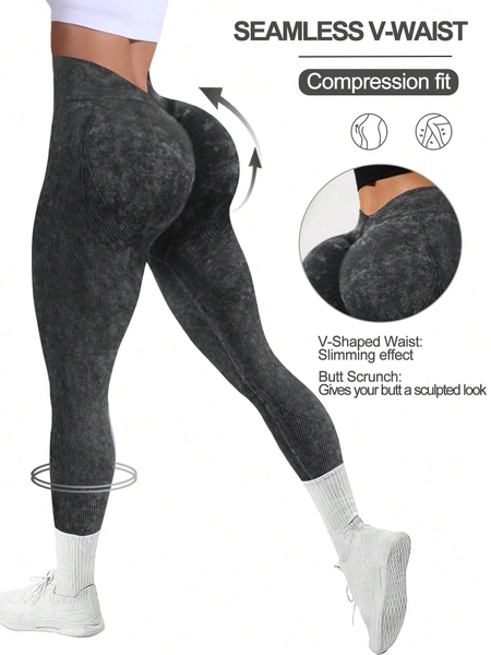 Women High Waist Elastic Wash & Sanded Leggings