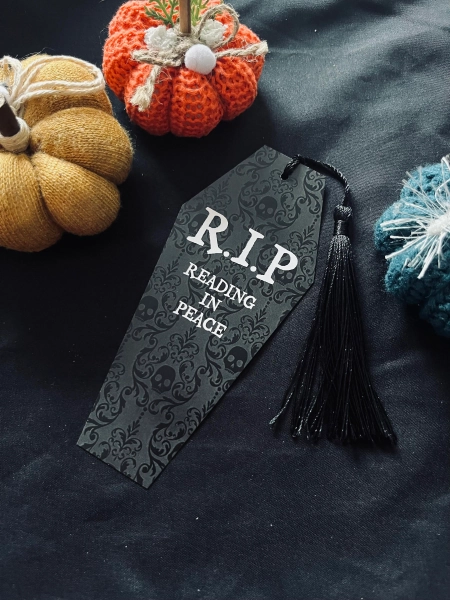 Coffin Shaped RIP Reading In Peace Bookmark, Goth, Tassel, Shaped Bookmark, Stars, Monochrome, Black & White, Gothic, Skull, Damask, Ornate